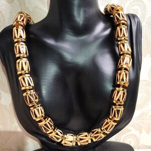 RARE Vintage 80s KENNETH JAY LANE Chunky Geometric Barrel Necklace Gold & Brown